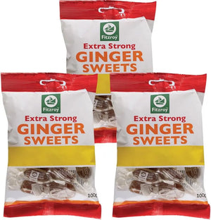 Fitzroy Extra Strong Ginger Sweets 3 x 100g – Hard Boiled Sweets, Individually Wrapped sweets, Vegetarian, Vegan, Gluten Free, Travel Sweets, Hard Candy, Sweet shop, Boiled Sweets Wrapped